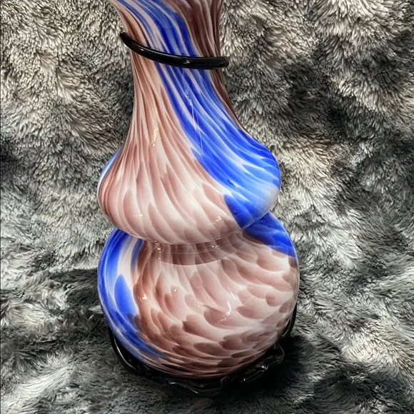 TALL Blown Glass Abstract Art
Vase Blue Brown Swirl Colors Black glass band - Picture 7 of 16